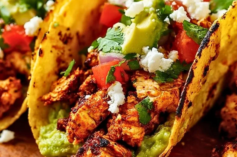 Plate of flavorful Chicken Street Tacos with fresh toppings and vibrant colors