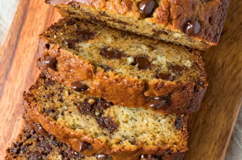 Delicious slice of chocolate chip banana bread on a wooden table