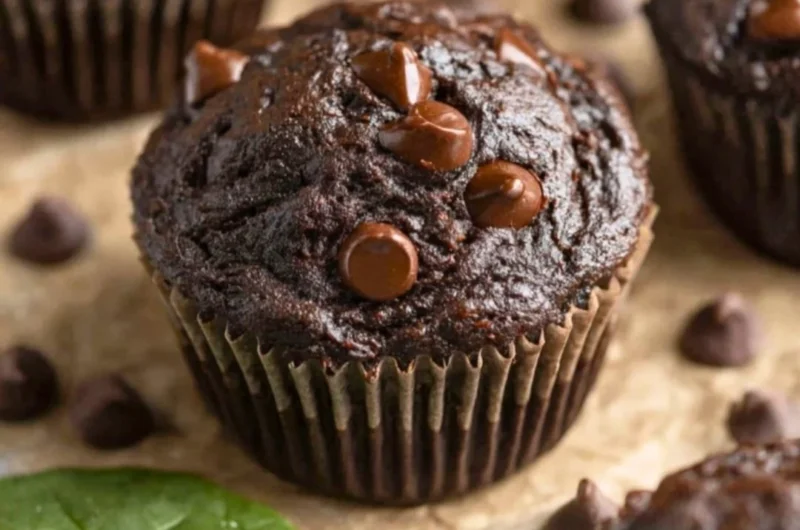Delicious Chocolate Spinach Muffins baked with healthy ingredients