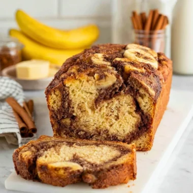 A loaf of cinnamon swirl banana bread with slices cut, showcasing the cinnamon swirl detail.