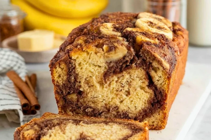 A loaf of cinnamon swirl banana bread with slices cut, showcasing the cinnamon swirl detail.