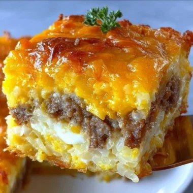 Delicious classic breakfast hashbrown casserole with cheese and baked golden potatoes