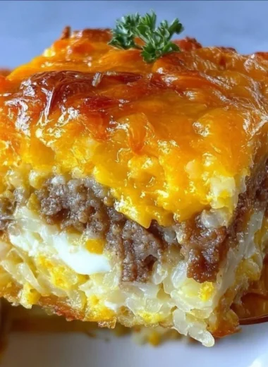 Delicious classic breakfast hashbrown casserole with cheese and baked golden potatoes