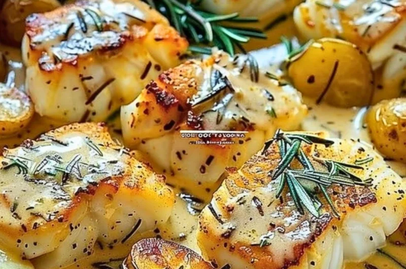 Delicious Cod & Potatoes in Rosemary Cream Sauce served on a plate