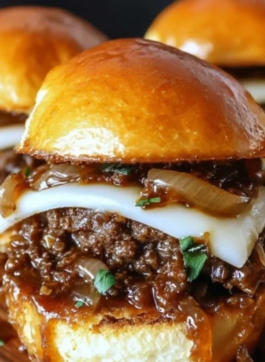 Delicious French Onion Beef Sloppy Joes topped with gooey melted cheese