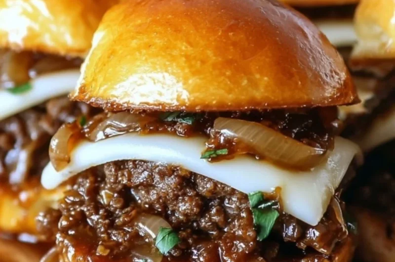 Delicious French Onion Beef Sloppy Joes topped with gooey melted cheese