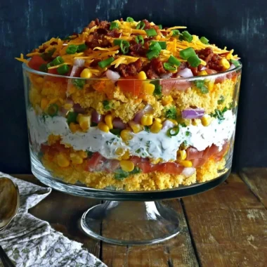 Colorful cornbread salad with vegetables and dressing served in a bowl
