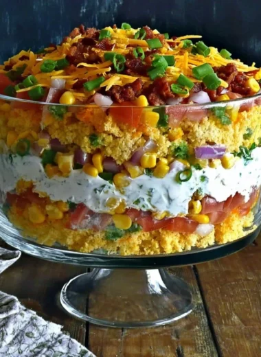 Colorful cornbread salad with vegetables and dressing served in a bowl