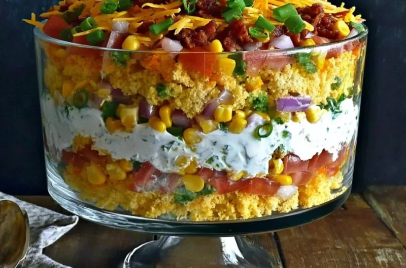 Colorful cornbread salad with vegetables and dressing served in a bowl