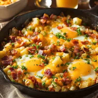Country Breakfast Skillet with eggs, potatoes, and vegetables served in a skillet