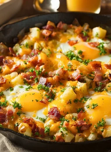 Country Breakfast Skillet with eggs, potatoes, and vegetables served in a skillet