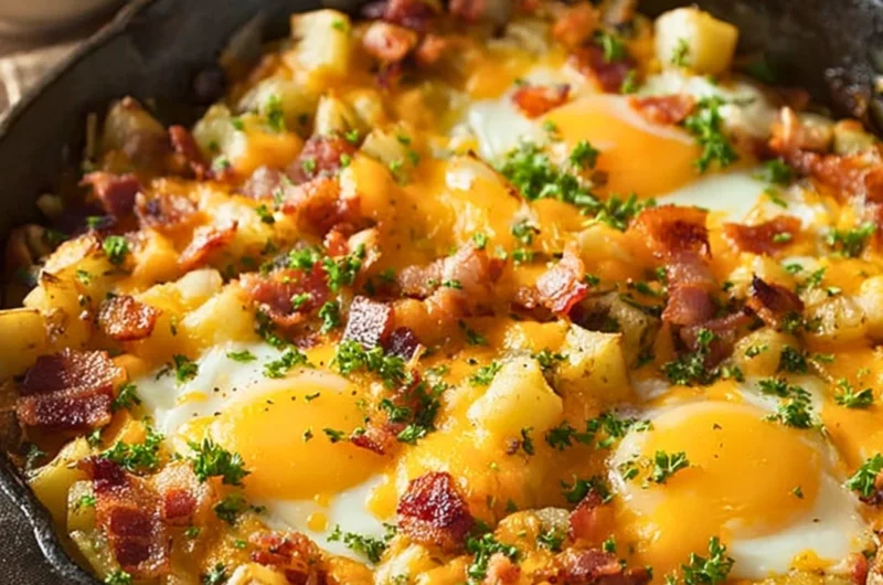 Country Breakfast Skillet with eggs, potatoes, and vegetables served in a skillet