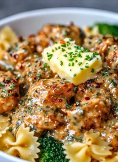 Delicious Cowboy Butter Lemon Bowtie Chicken with Broccoli on a plate