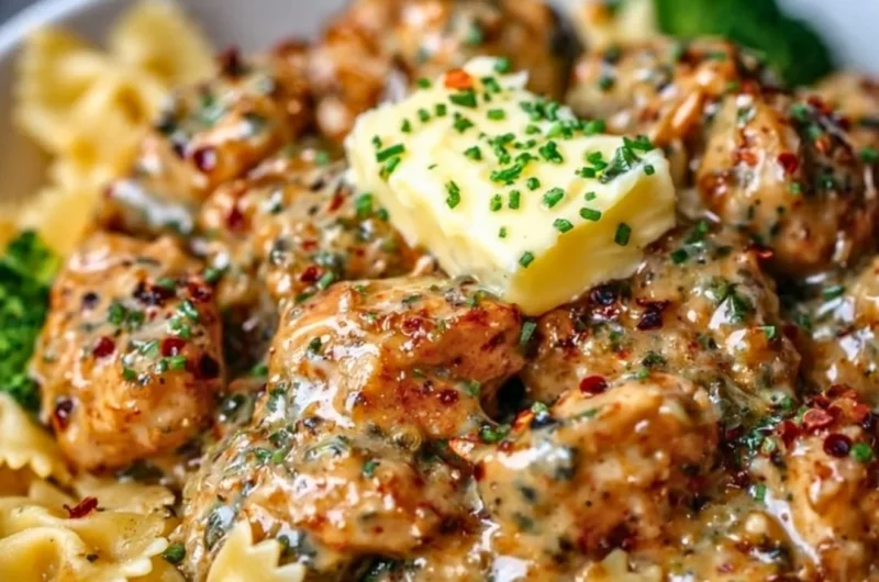 Delicious Cowboy Butter Lemon Bowtie Chicken with Broccoli on a plate