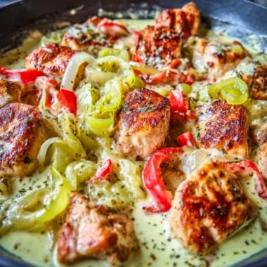 Creamy banana pepper chicken skillet served in a white bowl with colorful peppers.