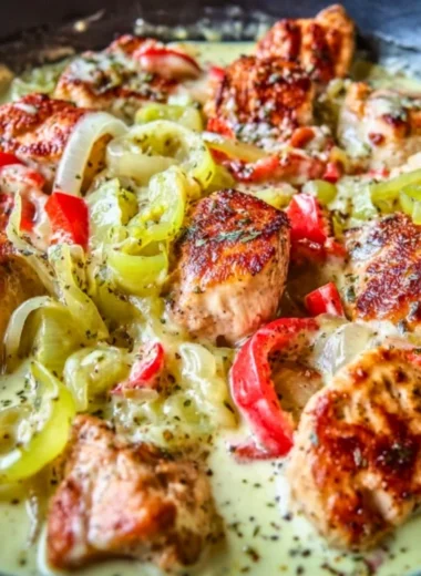 Creamy banana pepper chicken skillet served in a white bowl with colorful peppers.
