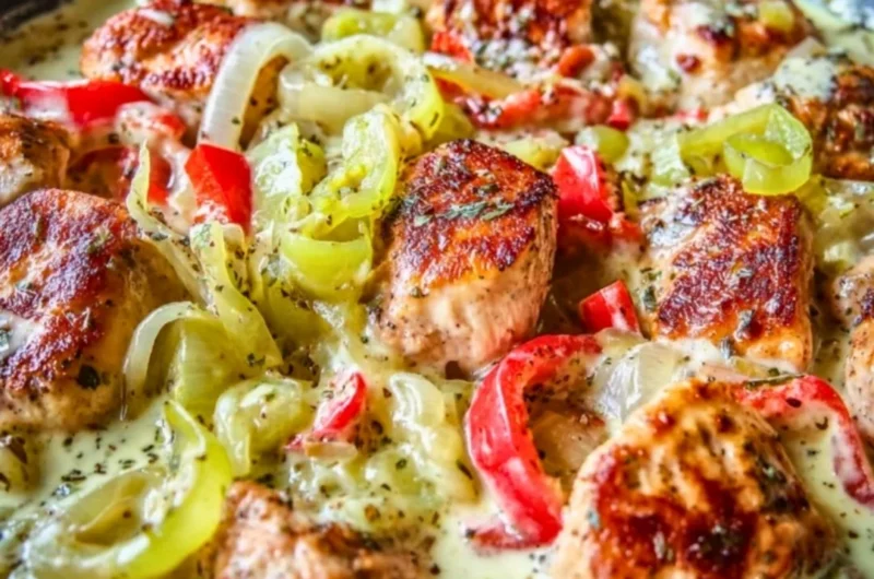 Creamy banana pepper chicken skillet served in a white bowl with colorful peppers.
