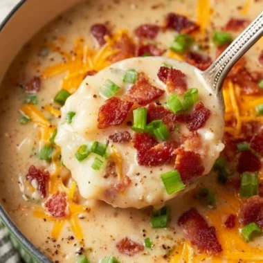 Creamy cheesy potato soup in a bowl garnished with green onions