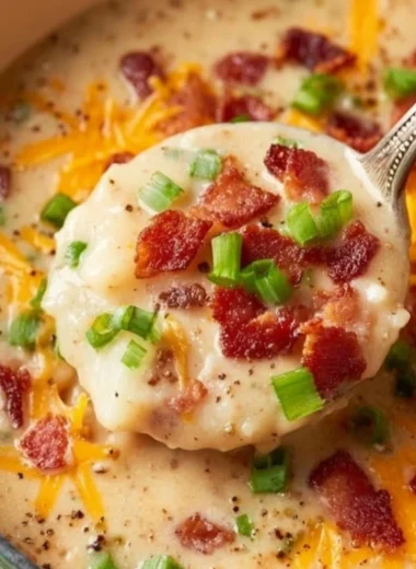 Creamy cheesy potato soup in a bowl garnished with green onions