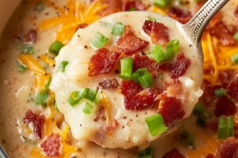 Creamy cheesy potato soup in a bowl garnished with green onions