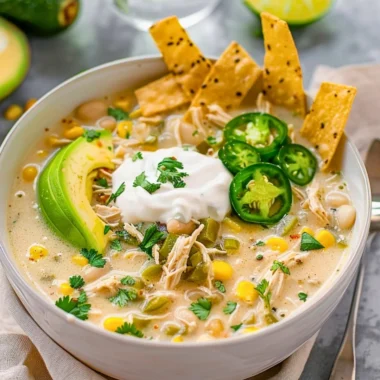 Delicious creamy crockpot white chicken chili served in a bowl