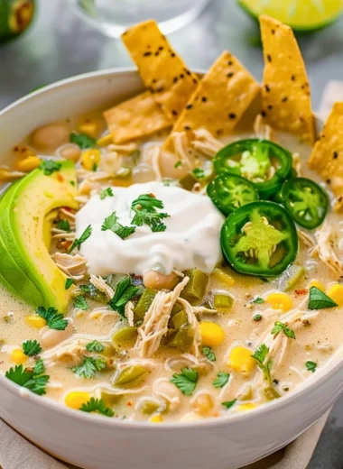 Delicious creamy crockpot white chicken chili served in a bowl