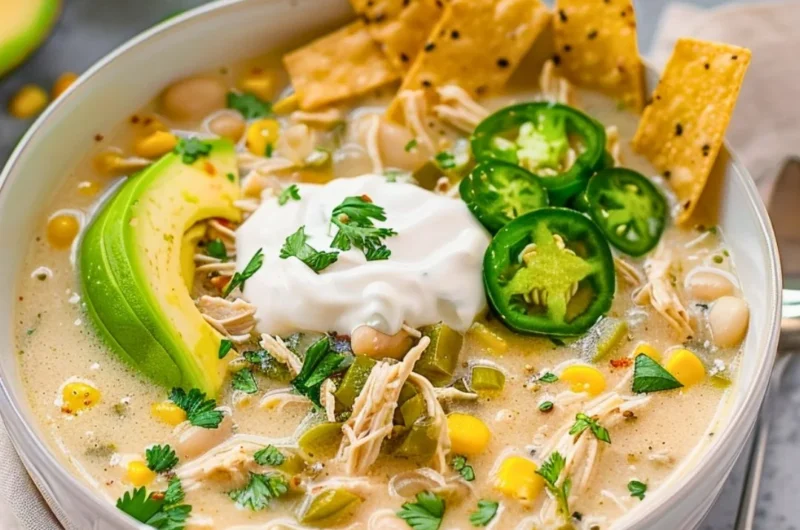 Delicious creamy crockpot white chicken chili served in a bowl