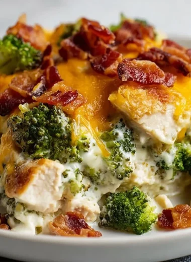 Creamy low carb chicken casserole with broccoli and bacon in a baking dish