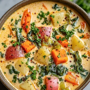 Bowl of creamy spring vegetable soup with fresh vegetables