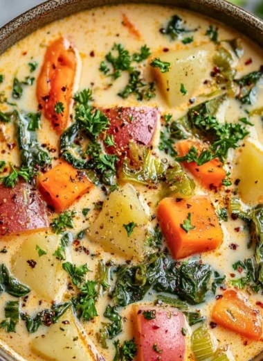 Bowl of creamy spring vegetable soup with fresh vegetables