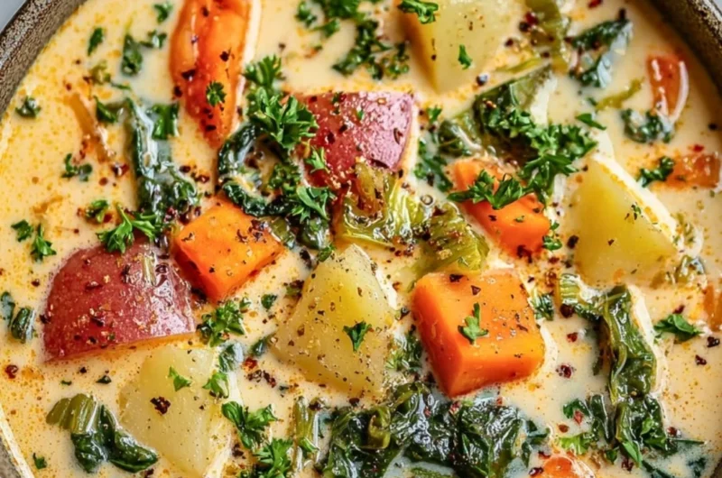 Bowl of creamy spring vegetable soup with fresh vegetables