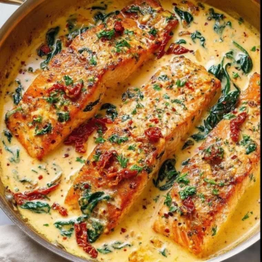 Creamy Tuscan salmon served with spinach and sun-dried tomatoes on a plate.