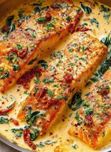 Creamy Tuscan salmon served with spinach and sun-dried tomatoes on a plate.