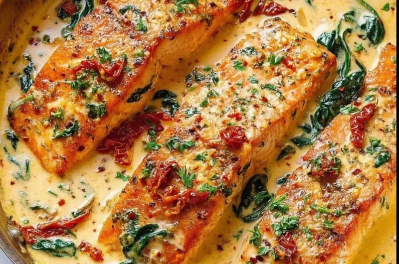 Creamy Tuscan salmon served with spinach and sun-dried tomatoes on a plate.