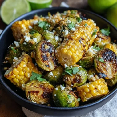 Delicious Mexican street corn Brussels sprouts recipe served in a bowl