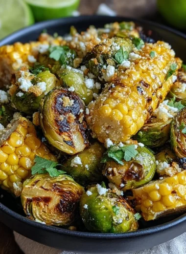 Delicious Mexican street corn Brussels sprouts recipe served in a bowl