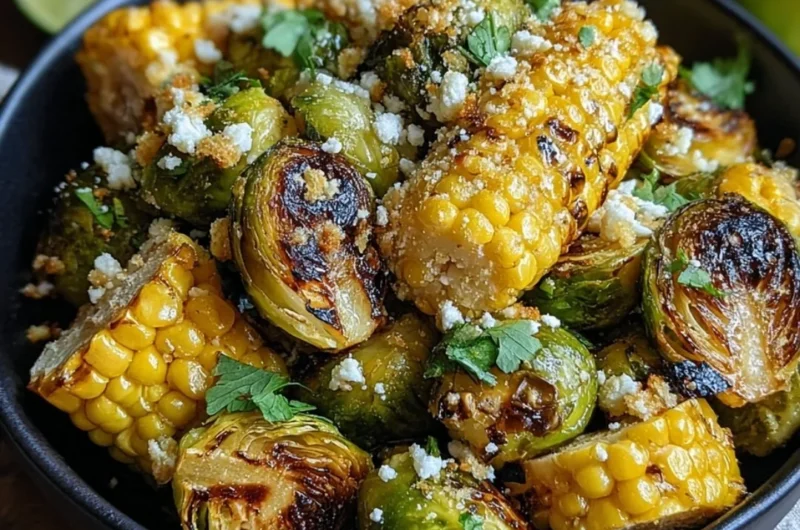 Delicious Mexican street corn Brussels sprouts recipe served in a bowl