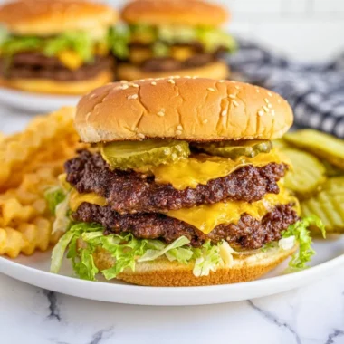 Juicy Blackstone smash burgers ready to be served on a plate.