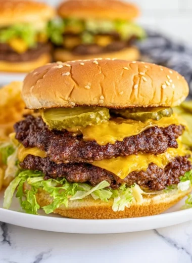 Juicy Blackstone smash burgers ready to be served on a plate.