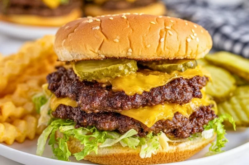 Juicy Blackstone smash burgers ready to be served on a plate.