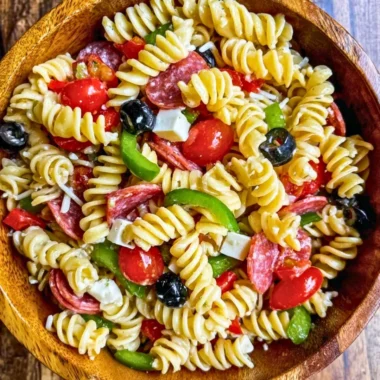 Bowl of Easy Italian Pasta Salad with colorful vegetables and pasta