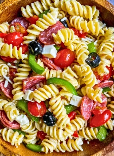 Bowl of Easy Italian Pasta Salad with colorful vegetables and pasta