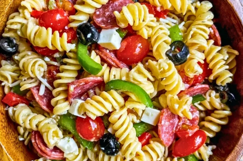 Bowl of Easy Italian Pasta Salad with colorful vegetables and pasta