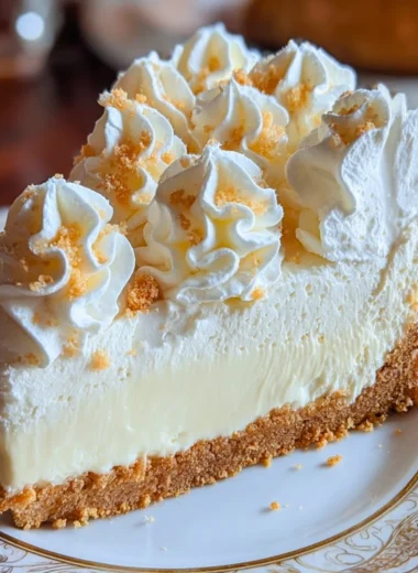 Fluffy marshmallow cheesecake topped with whipped cream and chocolate shavings