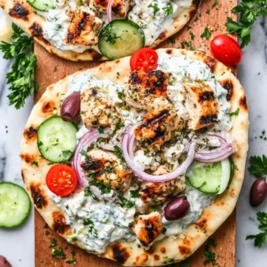 Greek Chicken Flatbread with chicken, veggies, and feta cheese on a rustic bread