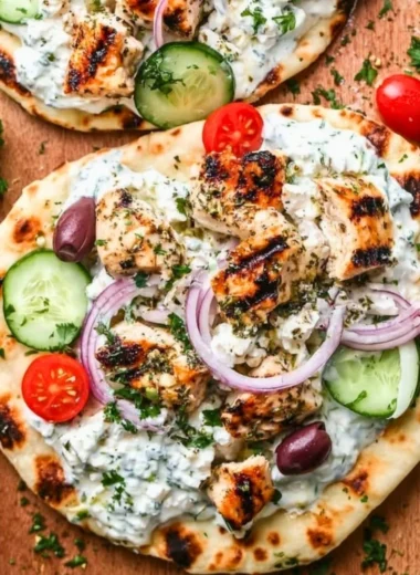 Greek Chicken Flatbread with chicken, veggies, and feta cheese on a rustic bread
