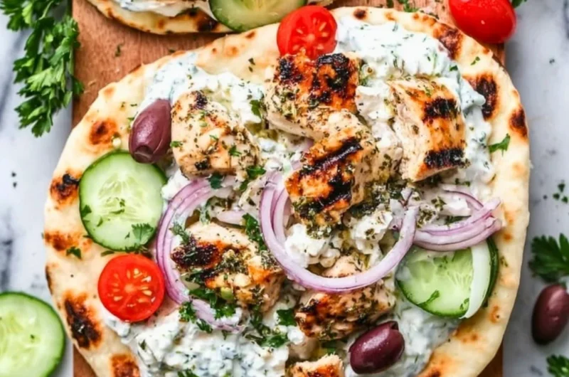 Greek Chicken Flatbread with chicken, veggies, and feta cheese on a rustic bread