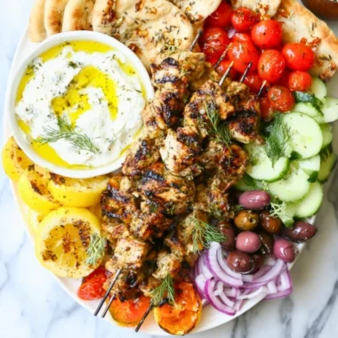 Grilled Greek Chicken Kabobs with vegetables on a skewer