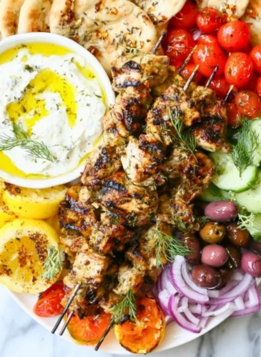 Grilled Greek Chicken Kabobs with vegetables on a skewer
