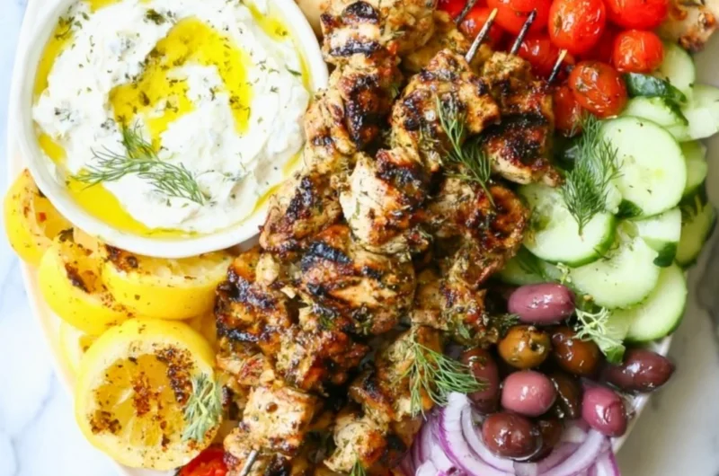 Grilled Greek Chicken Kabobs with vegetables on a skewer